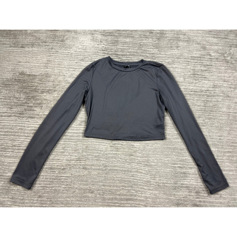 SHEIN Top Women Medium Grey Long Sleeve Crop Crew Neck Solid Slim Fit Activewear